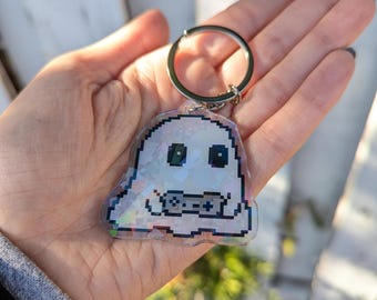Pixel Gamer Ghost Keychain | Shiny Double-Sided Acrylic Ghoul Charm