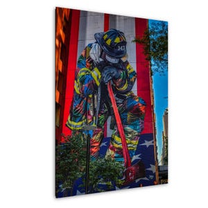 New York City Street Art Photography Print – Firefighter Tribute Wall Art | Bold Urban Memorial Photo || NYC Bold Colorful Fine Art Photo