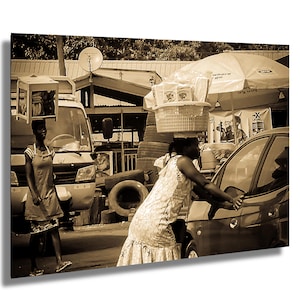 Ghana Street Vendor Wall Art – Bold Candid Travel Photography | Woman with Basket on Head | African Life Photo in Motion