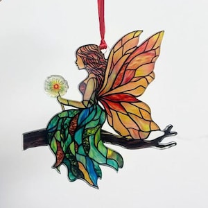 Wunderliche Fee Faux Buntglas Acryl Ornament - Fantasy Fensterbehang, magisches Dekor, Geschenk für Natur und Boho Liebhaber