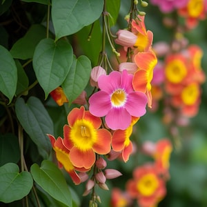 Thunbergia-Klettermischung – 30 Samen – Rustikale, pflegeleichte, üppige Kletterpflanze, zahlreiche tiefgelbe Blüten mit schwarzem Zentrum.