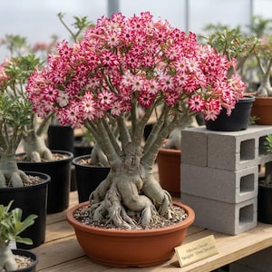 Pode incluir: Uma planta Adenium Obesum Variegata em vaso com uma base de caudex espessa, nodosa e cinza-clara, e numerosos ramos cobertos por pequenas flores em forma de estrela com centros brancos e pétalas listradas de rosa e vermelho num vaso redondo.