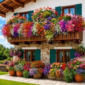 Op de afbeelding: Een stenen huis met een houten balkon vol met felgekleurde rode, roze, oranje, gele, paarse en witte bloemen. Daaronder staan bijpassende terracotta potten gevuld met dezelfde kleurrijke bloemstukken op een stenen terras.