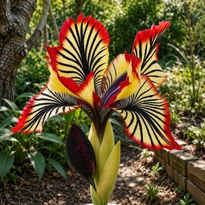 Op de afbeelding: Een hybride leliebloem met gele bloemblaadjes met opvallende zwarte nerven en felrode randen. De plant heeft een dikke groene stengel en één donkerpaars blad. Een plaatje op de witte pot bevat de tekst RARE EXOTICA - HYBRID LILY.