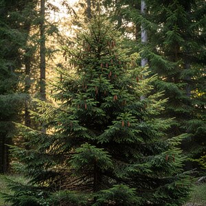 Op de afbeelding: Een groene dennenboom met bruine kegels tegen de achtergrond van een zonnig bos. De naalden van de boom zijn heldergroen en de kegels zijn bruin. De afbeelding legt de natuurlijke schoonheid van een bos vast.