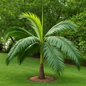 Op de afbeelding: Een jonge palmboom met een getextureerde, bruine, cilindrische stam en lange, boogvormige, geveerde bladeren. De bladeren zijn levendig groen en stralen vanuit het midden naar buiten, met één rechtopstaande, speervormige blad aan de top.