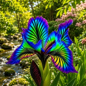 Pode incluir: Uma flor de íris vibrante com pétalas em degradê de roxo profundo, azul elétrico e verde brilhante, acentuadas por veios pretos distintos. A flor possui uma estrutura complexa e em camadas com bordas pontiagudas e onduladas.