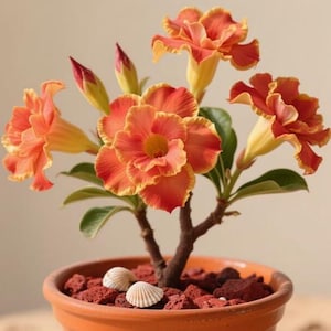 Può includere: Una pianta di rosa del deserto in vaso con vibranti fiori arancioni e gialli. I fiori hanno bordi arruffati e un centro giallo. Il vaso contiene rocce laviche rosse e due conchiglie.