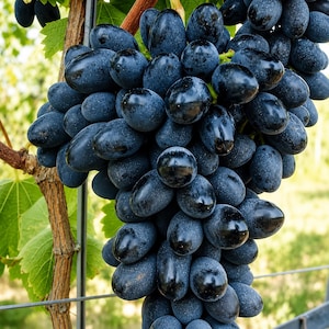 Puede incluir: Un racimo grande y denso de uvas de color azul oscuro y forma ovalada que cuelga de una vid leñosa. Las uvas individuales tienen una piel lisa y ligeramente mate con un tono índigo profundo, apretadas sobre un tallo central en un viñedo.
