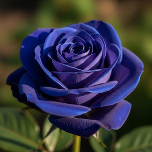 Può includere: Una singola rosa in piena fioritura con petali di un blu e viola intenso disposti in un motivo a spirale simmetrico e stretto. Il fiore presenta una consistenza liscia e vellutata con sottili riflessi di luce sui bordi dei petali ricurvi.