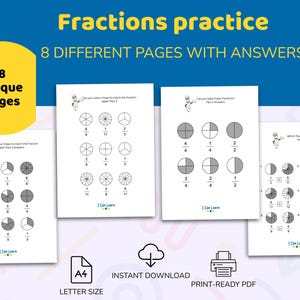 Puede incluir: Un conjunto de 8 páginas imprimibles de práctica de fracciones con hojas de trabajo en blanco y negro, diagramas circulares, fracciones numéricas y claves de respuestas. El texto incluye "Fractions practice" e "I Can Learn".