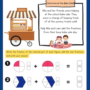 Könnte beinhalten: Ein Arbeitsblatt zum Addieren von Brüchen, mit einer Illustration eines Bäckereiwagens. Der Text lautet "Adding Fractions" und enthält Bruchaufgaben mit farbigen Formen. Das Arbeitsblatt dient Bildungszwecken.
