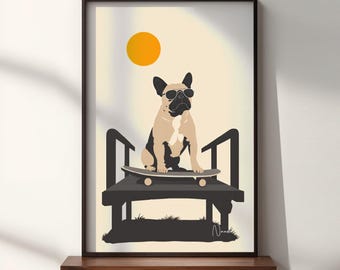 French Bulldog Skateboard Art Print: Modern Dog Wall Decor