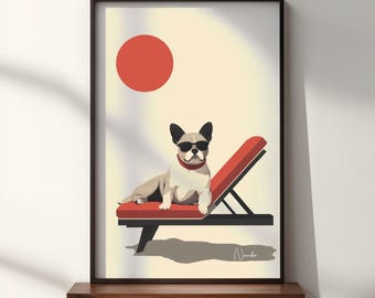 May include: A framed art print featuring a French Bulldog wearing sunglasses and a red collar, lounging on a red and black beach chair under a red sun. The artwork has a minimalist, cartoon style.