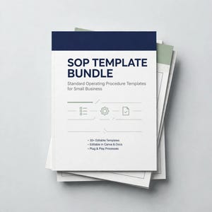 May include: A stack of white paper documents featuring a dark blue header with the text SOP TEMPLATE BUNDLE and Standard Operating Procedure Templates for Small Business. The page includes icons for a list, a gear, and a document with a checkmark.