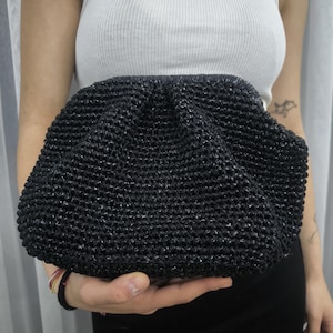 Large Handmade Black Raffia Crochet Clutch Bag - Elegant Evening Purse