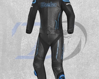 Bela Viper Pro Racing Leather Motorcycle Suit – Black Blue Men’s Biker Suit, CE Armor Track Riding Gear