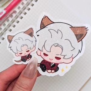 Pegatina de Sylus Kitty Butler: Fan Art de Love and Deepspace, diseño Chibi LADS, pequeña o grande, vinilo brillante o holográfico
