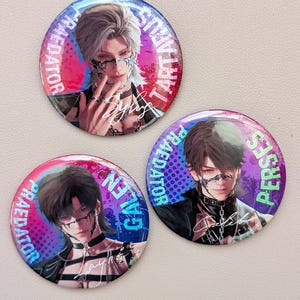 May include: Three round pinback buttons with anime-style character illustrations. Each button features a different character with detailed facial features, wearing dark clothing and accessories. The buttons have a colorful background with text around the edges.