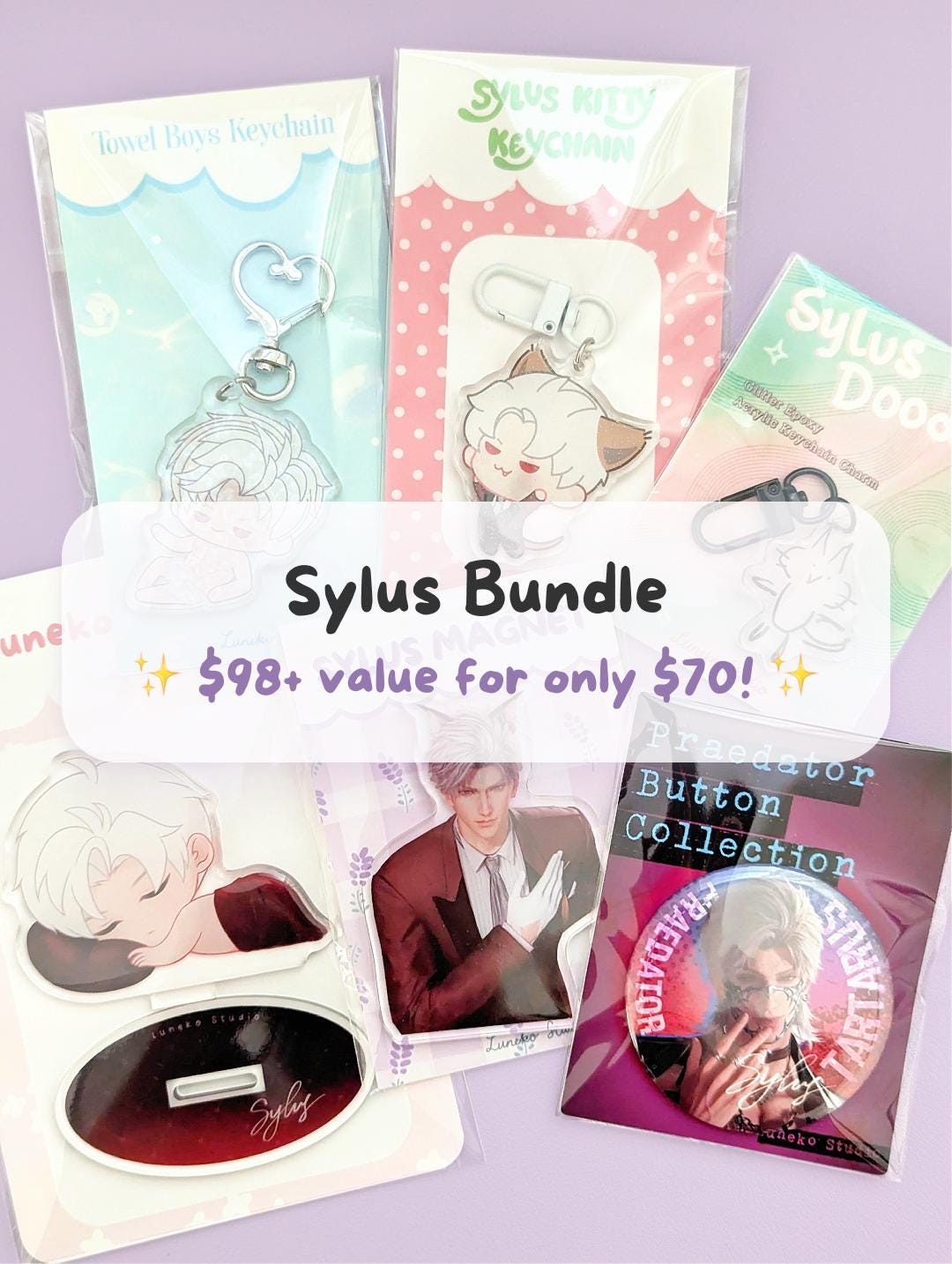 Sylus Merch Bundle: Keychains, Stickers, Magnet, Standee, Pinback Badge ...