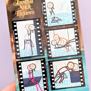 May include: A sticker sheet featuring the text "Lustful Stick Figures" with various stick figure illustrations in film strip frames. The illustrations depict intimate scenes with the words "Love and Deepspace" and "Water Water Water" in the background.