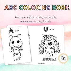 Op de afbeelding: Zwart-witte kleurplaten met een mier en een eenhoorn. De pagina's bevatten de letters A en U, en de woorden "is for", "ANT" en "UNICORN". De tekst "Templates 20+" is ook inbegrepen.