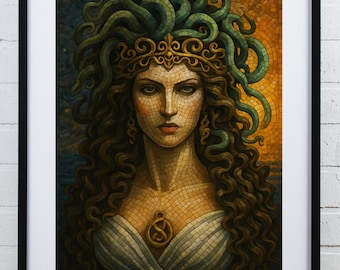 Impressão digital Gaze Eternal | Retrato em mosaico de Medusa | Decoração de mitologia grega | Download digital | Arte de poder feminino