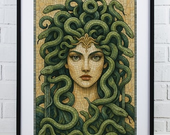 Arte de parede digital &quot;Olhar de Medusa&quot; | Imprimível em estilo mosaico de mulher mítica | Decoração de casa de deusa grega | Download de arte de fantasia | Retrato de Medusa