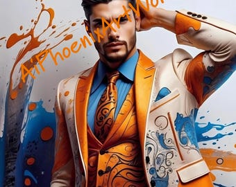 Vivid Tailor Trendy Digital Art | Conjunto de 2 impressões de arte digital | Retratos masculinos inspirados na moda | Decoração de parede em PDF para impressão