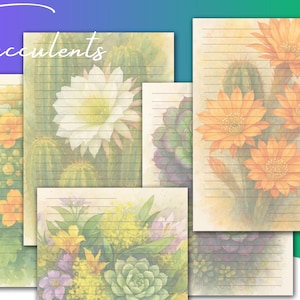 Set de papelería con suculentas y cactus / 5 páginas imprimibles tamaño carta de EE. UU. / Papel de escritura con acuarela floral del desierto / Descarga digital instantánea
