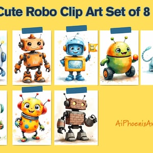 Cute Robot Clip Art Set of 8 | Digital Download JPEG | Adorable Robo Characters for Personal Use Only | AI Art Bundle