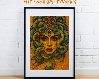 Impressão digital de Medusa com olhar feroz | Decoração em estilo mosaico | Imprimível sobre mitologia grega | Arte de parede com IA | Energia feminina forte