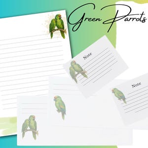 Set di cancelleria con acquerello "Green Parrot" / Carta intestata, biglietti e buste stampabili / Download immediato / Carta da lettere con uccelli tropicali
