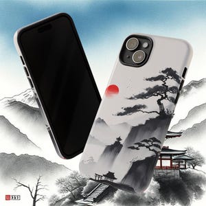 Housse de téléphone japonaise Zen Ink, Sumi e Bonsaï minimaliste et art de la montagne, esthétique Japon calme pour iPhone, Samsung et Google Pixel