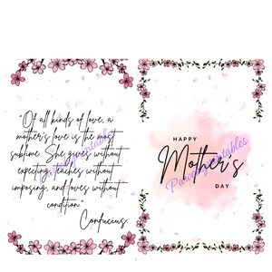 Biglietto d'auguri stampabile per la festa della mamma – Citazione di Confucio + Ringraziamenti floreali modificabili e lista dei desideri – Download digitale con design a fiori rosa