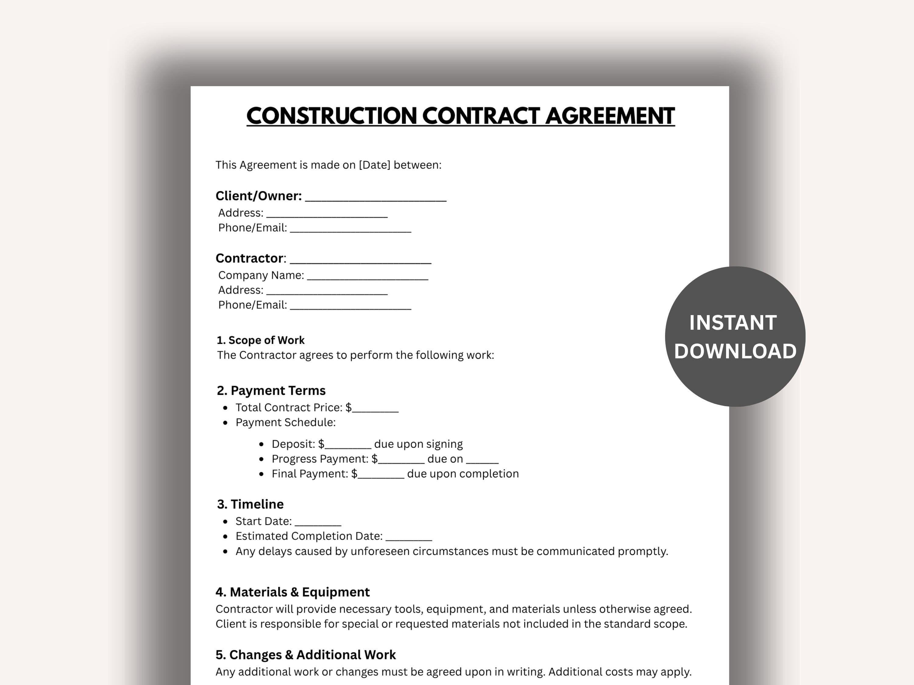 Editable Construction Contract Agreement Template (PDF, Canva, Word ...