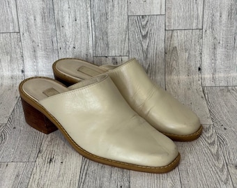 Vintage Cream Leather Mules, Square Toe Block Heels (Size 5.5 M)