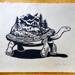World Tortoise Linocut Print - Handmade original
