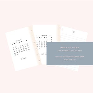 May include: A set of white pocket-sized planner inserts measuring 3.25 inches by 4.75 inches, featuring a January 2028 calendar grid, punch holes for binding, and a lined page with a small bow icon. The text reads Month at a Glance, 01/2028.