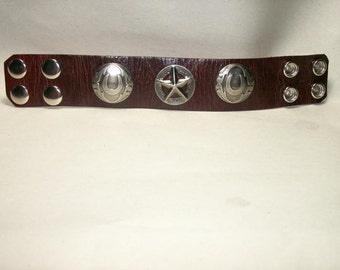 Wide Leather Bracelet with Texas Star and Horseshoe Conchos