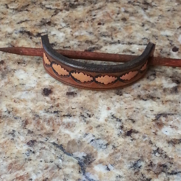 Narrow Leather Stick Barrette with Ovals - Leather Barrette is Hand Made and Dyed
