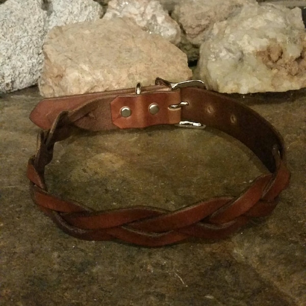 Braided Leather Dog Collar - Hand made from full grain leather and dyed to your choice of color.