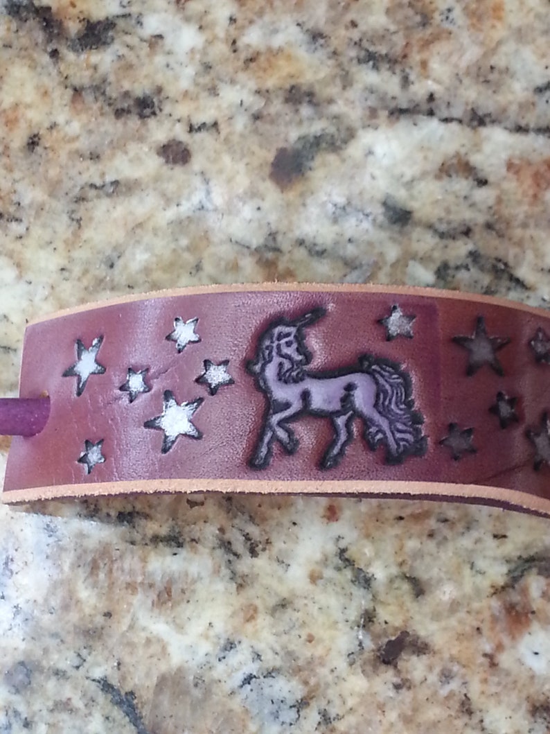 Leather Pony Tail Stick Barrette with Unicorn and Stars man bun holder, mens pony tail holder, image 3