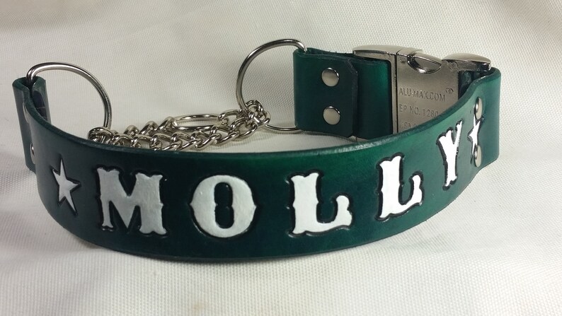 Leather Martingale Dog Collar with Snap Buckle and Name Stamped In image 7