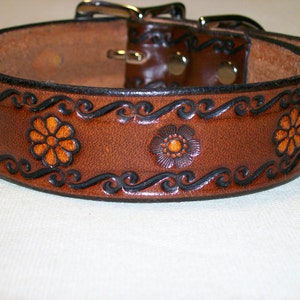 Leather Dog Collar with Scrollwork and Flower Design
