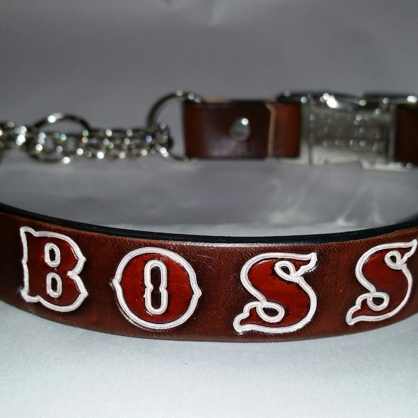 Leather Martingale Dog Collar with Snap Buckle and Name Stamped In