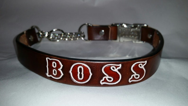 Leather Martingale Dog Collar with Snap Buckle and Name Stamped In image 1