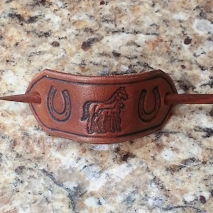 Western Themed Leather Pony Tail Stick Barrette with Horses and Horse Shoes.  Bun Holder Man Bun