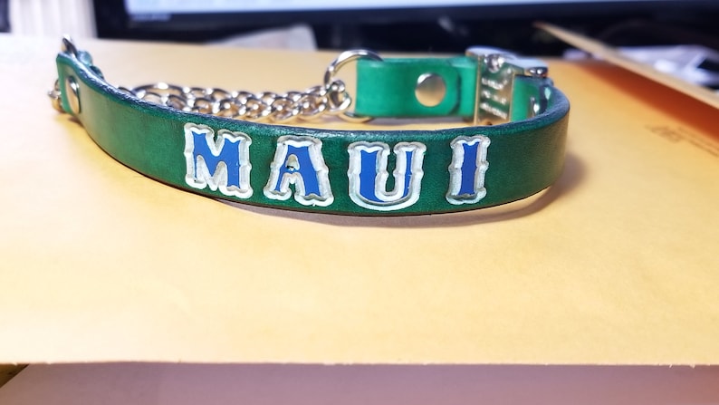 Leather Martingale Dog Collar with Snap Buckle and Name Stamped In image 5