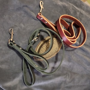 Puede incluir: Dos correas de cuero para perros, una verde y otra marrón, con cierres plateados. La correa verde está enrollada y la correa marrón está en bucle. Una etiqueta de metal con el texto "ASBESTOS" es visible.